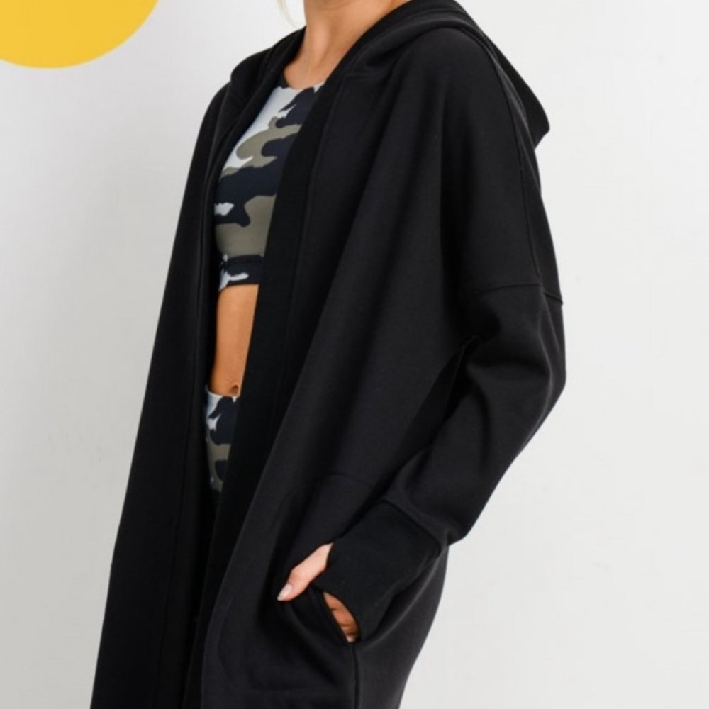 Black fleece lined, long, open front Mono B sweatshirt/cardigan